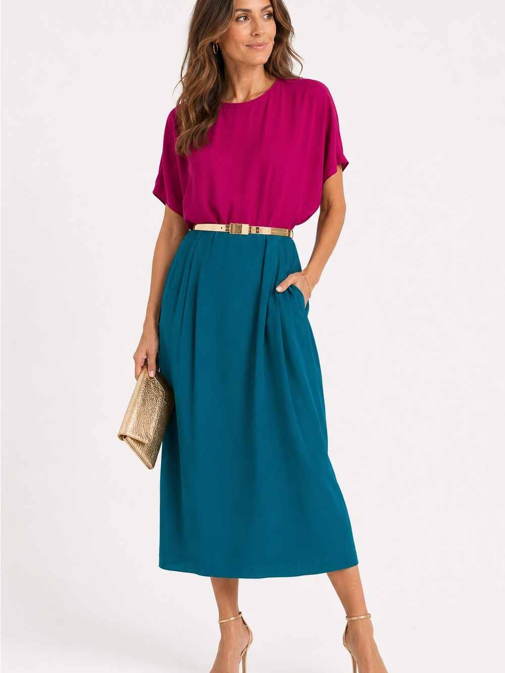 Vintage Linda Allard for Ellen Tracy Silk Colorblock Dress Size 8 Hot Pink Teal